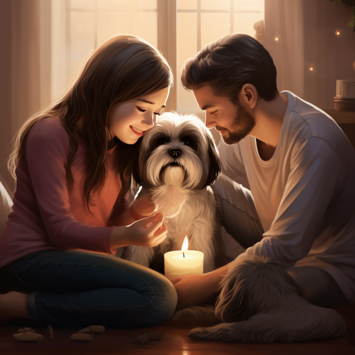 משפחה מאושרת באינטראקציה עם הכלב הטיפולי השיצו שלהם